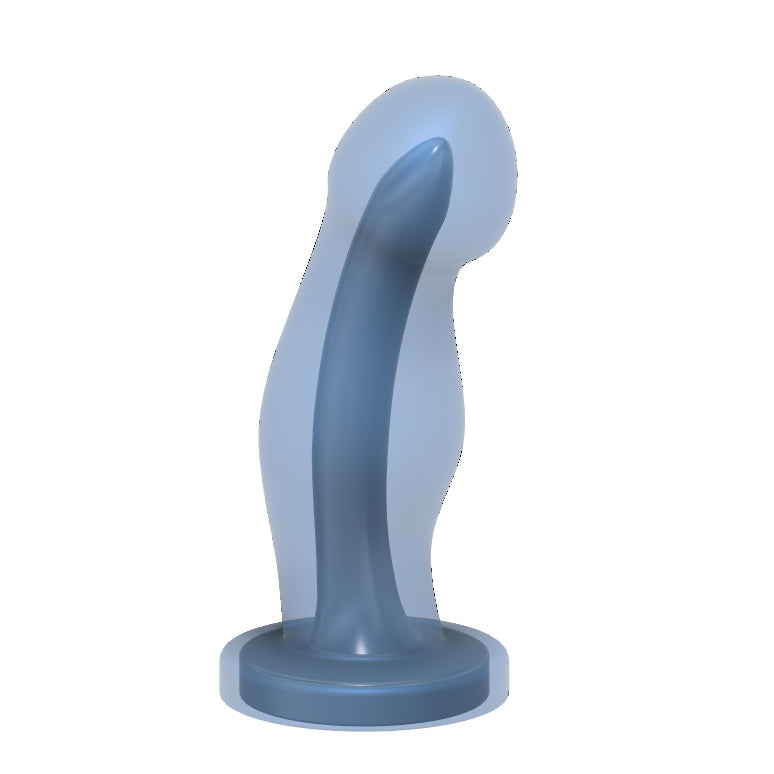 A diagram of an Ally dual density dildo showing the two layers of silicone. The core inside is a smooth cylinder with a blunt point at the end and connects to the base. The tip of the core is at about the center of the spherical tip of the outer silicone.