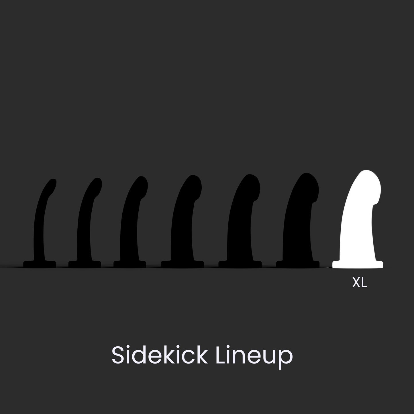 Diagram showing the seven Sidekick models lined up left to right smallest to largest, and the Extra Large in the rightmost position.