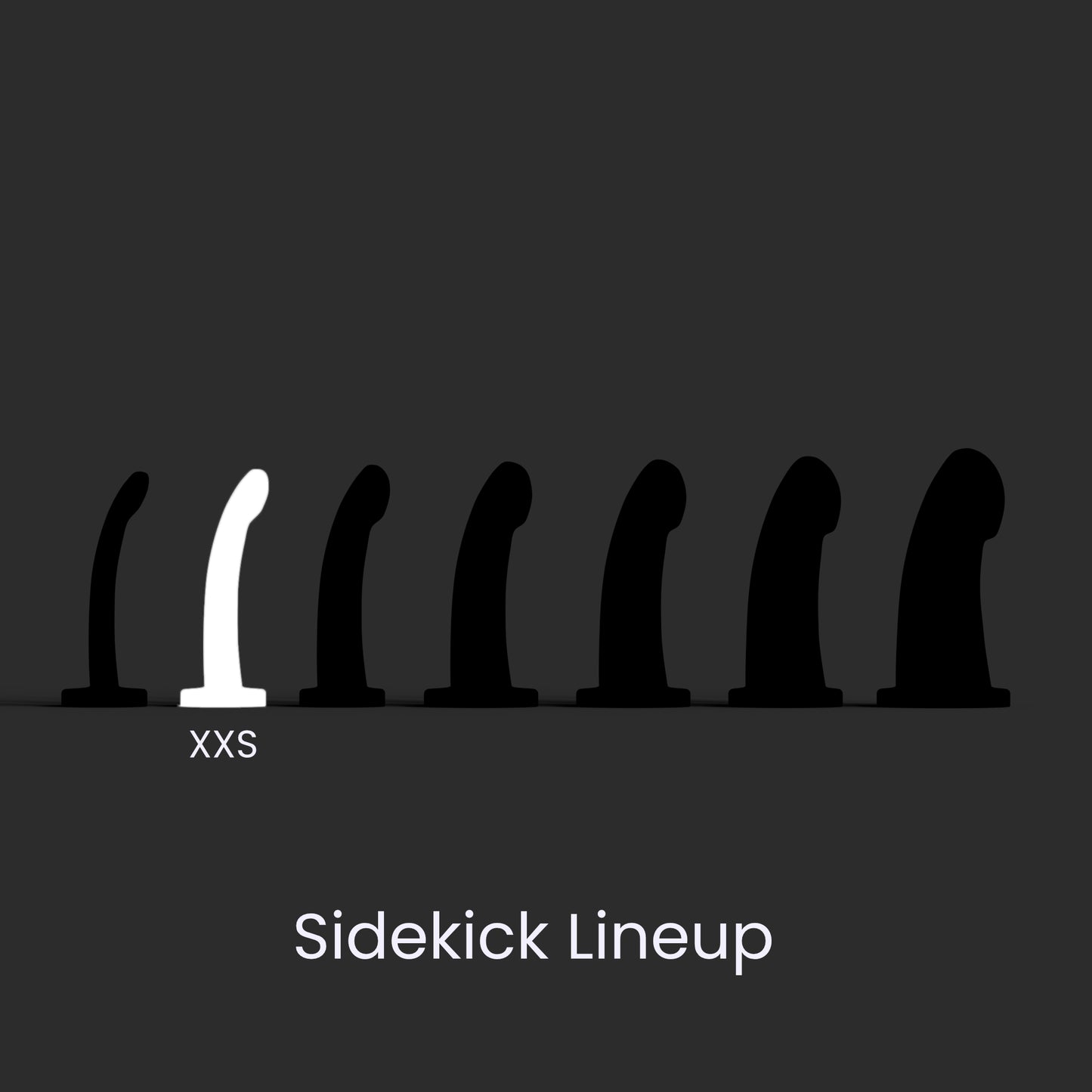 Diagram showing the seven Sidekick models lined up left to right smallest to largest, and the XXS in the second position.