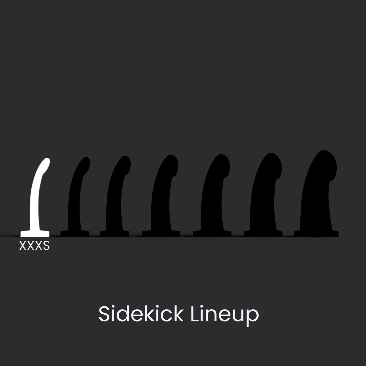 Diagram showing the seven Sidekick models lined up left to right smallest to largest, and the XXXS in the first position.